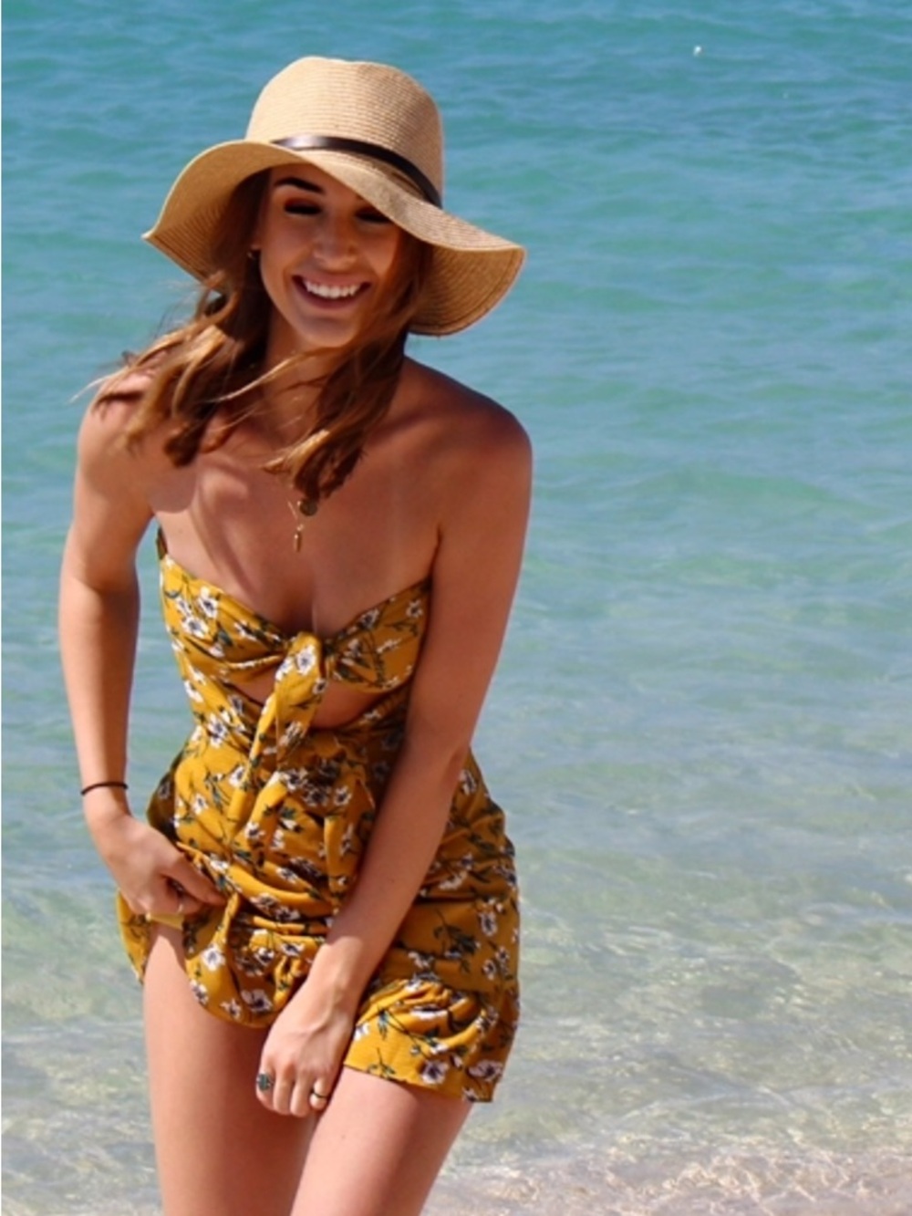 Tularosa Mustard Floral Strapless Tie-Front Mini Dress